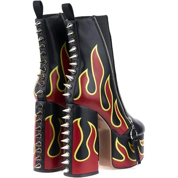 Women Black Faux leather Flames Totem Metal Zipper High Heels Rivets Ankle Boot - Picture 2 of 6